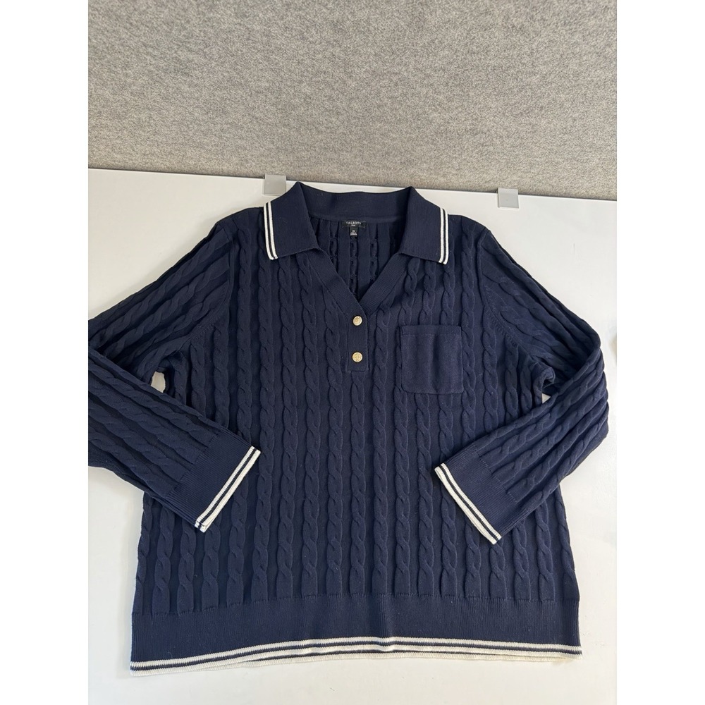 Talbots Tennis Style Sweater Navy Nautical Preppy V-Neck Knit Cabled Plus Sz 2X